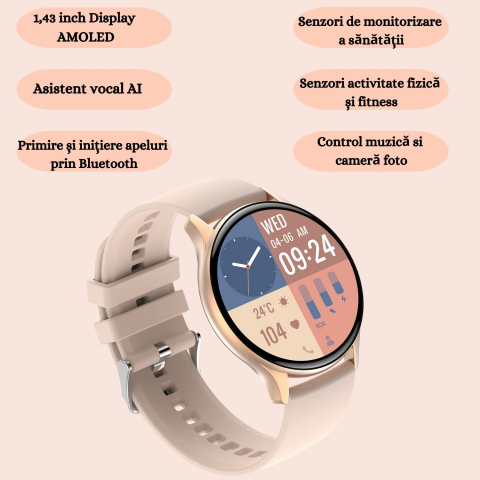Smartwatch /Bratara fitness, Display AMOLED 1.43", monitorizare ritm cardiac și somn, fitness tracker, apeluri și notificări, autonomie 5-10 Zile, rezistent la apa si transpiratie  IP67, Compatibil An [12]