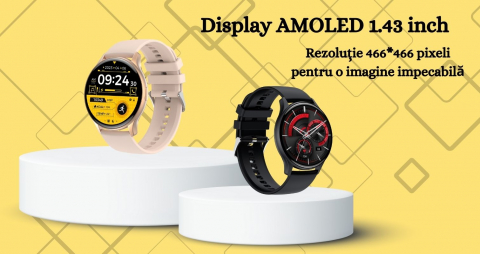 Smartwatch /Bratara fitness, Display AMOLED 1.43", monitorizare ritm cardiac și somn, fitness tracker, apeluri și notificări, autonomie 5-10 Zile, rezistent la apa si transpiratie  IP67, Compatibil An [14]