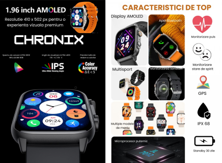 Smartwatch Chronix , Ecran AMOLED 1.9 inch , Rezistent la apa si transpiratie , Senzori monitorizare sanatate , GPS , autonomie 10 zile , vedere nocturna [3]