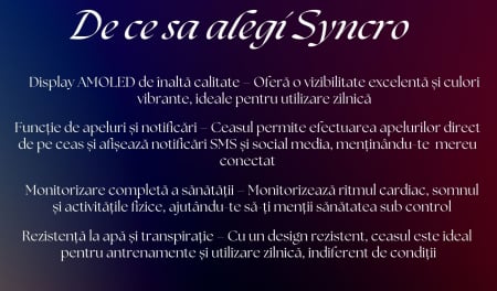 Smartwatch Syncro , Display AMOLED 1.43 inch , Senzori monitorizare a sanatatii, Standby 30 de zile, Rezistent la apa , Multiple moduri sportive , Incarcare wireless [20]