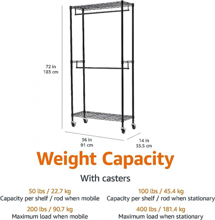 Stender pentru haine cu tija dubla , reglabil pe inaltime , greutate maxima 181 kg , 91x36x183 cm, otel, negru [7]