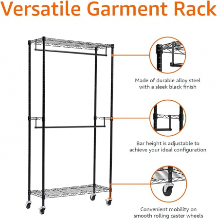 Stender pentru haine cu tija dubla , reglabil pe inaltime , greutate maxima 181 kg , 91x36x183 cm, otel, negru [3]