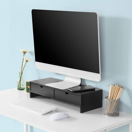 Suport de monitor pentru birou cu  sertare de depozitare ,  MDF , W47 x D18 x H11 cm , negru [2]