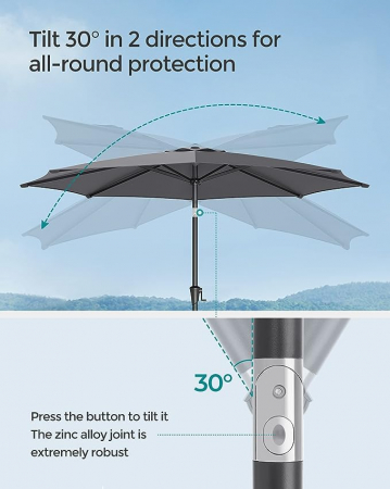 Umbrelă de soare pentru exterior 2,7 m, UPF 50+, înclinare 30° în 2 direcții, manivelă pentru deschidere și închidere, bază neinclusă, gri [1]