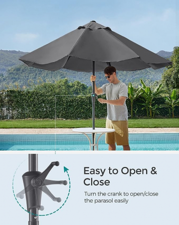 Umbrelă de soare pentru exterior 2,7 m, UPF 50+, înclinare 30° în 2 direcții, manivelă pentru deschidere și închidere, bază neinclusă, gri [4]