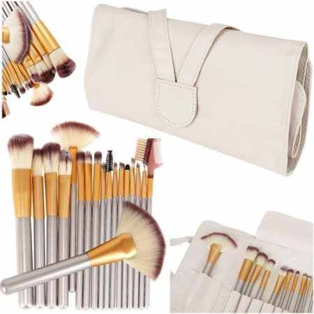 Machiaj - Set 18 pensule cu husa crem