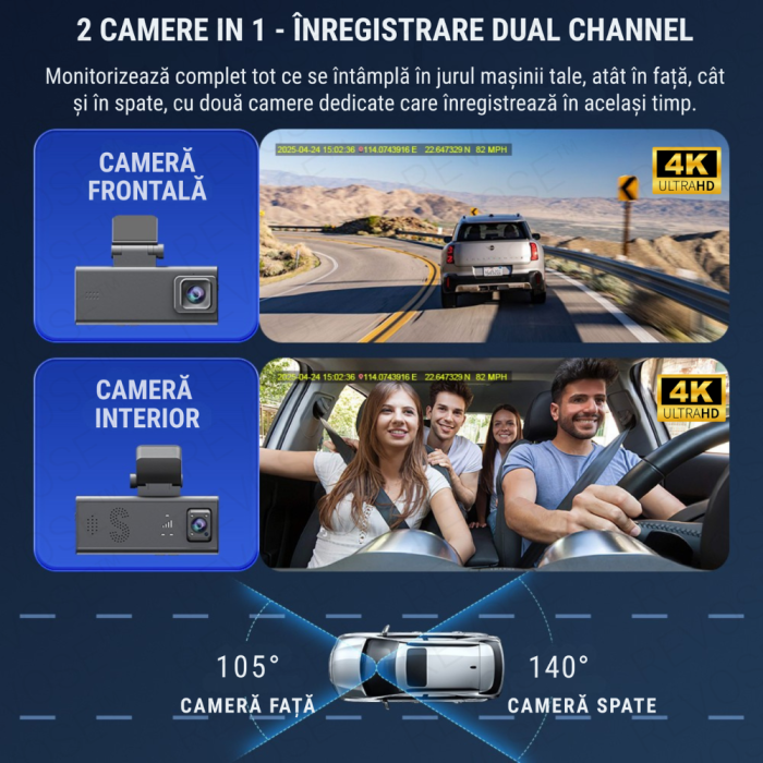 Camera Auto de Bord 4G cu GPS, Dual Lens 3MP + 3MP, Full HD, Monitorizare Parcare 24/7, Detectie Miscare, Detectie Vibratie, Detectie Radar [2]