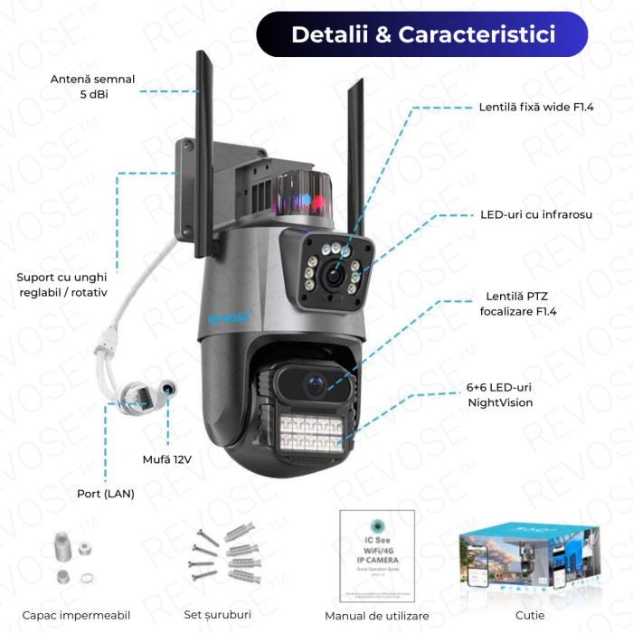 Camera de Supraveghere Video DualLens REVOSE™ 6MP, Aplicatie Dedicata, Intelligent Tracking, PTZ, WIFI, Lan, AP hotspot, Micro SD, Rotire, Senzor si Alarma miscare, Comunicare Bidirectionala, Exterior [16]