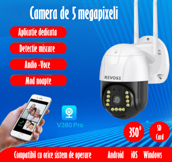 Camera de Supraveghere Video REVOSE™ 5MP 2560x1920, aplicatie dedicata, intelligent tracking, PTZ, WIFI, Lan, AP hotspot, Micro SD, Rotire, Alarma miscare, Interior si Exterior, Card Micro SD 32GB Inc [12]