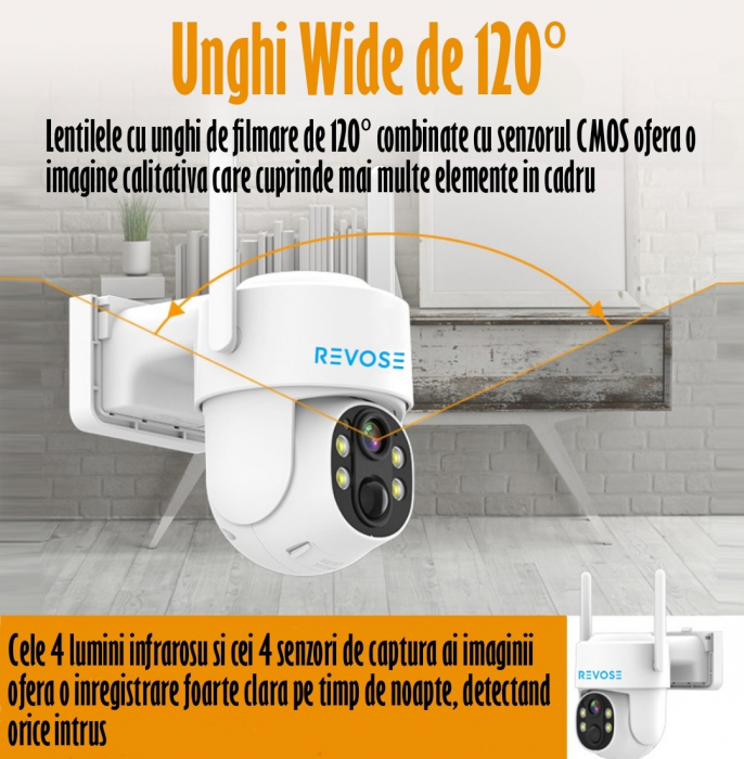 Camera de Supraveghere Video REVOSE™ 5MP 2560x1920, Aplicatie Dedicata, Intelligent Tracking, PTZ, WIFI, Lan, AP hotspot, Micro SD, Rotire, Alarma miscare, Interior si Exterior, cu Incarcare Solara [2]