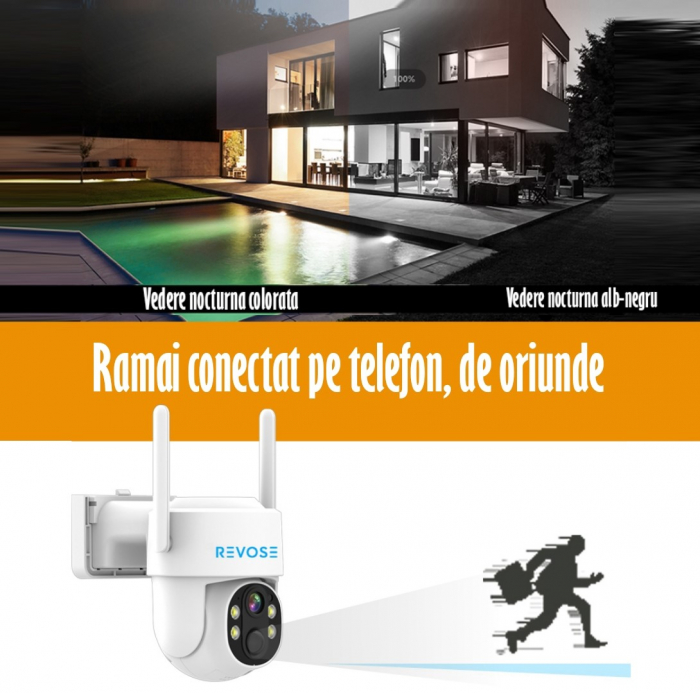 Camera de Supraveghere Video REVOSE™ 5MP 2560x1920, Aplicatie Dedicata, Intelligent Tracking, PTZ, WIFI, Lan, AP hotspot, Micro SD, Rotire, Alarma miscare, Interior si Exterior, cu Incarcare Solara [13]