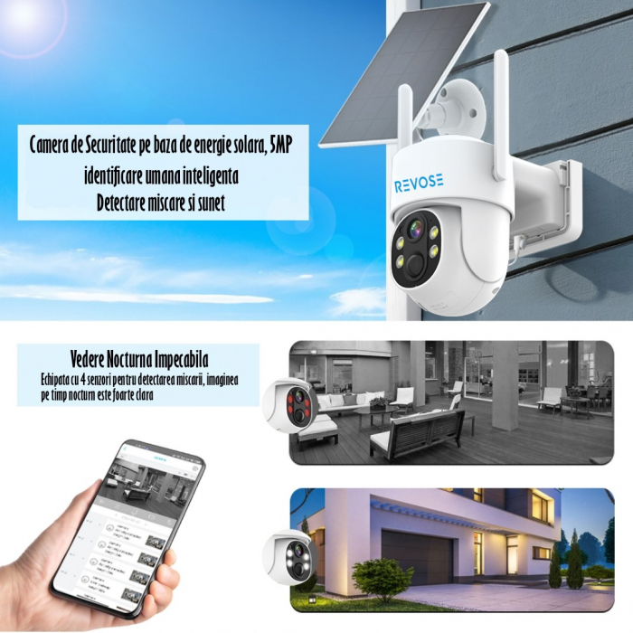 Camera de Supraveghere Video REVOSE™ 5MP 2560x1920, Aplicatie Dedicata, Intelligent Tracking, PTZ, WIFI, Lan, AP hotspot, Micro SD, Rotire, Alarma miscare, Interior si Exterior, cu Incarcare Solara [12]