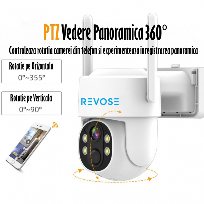Camera de Supraveghere Video REVOSE™ 5MP 2560x1920, Aplicatie Dedicata, Intelligent Tracking, PTZ, WIFI, Lan, AP hotspot, Micro SD, Rotire, Alarma miscare, Interior si Exterior, cu Incarcare Solara [10]