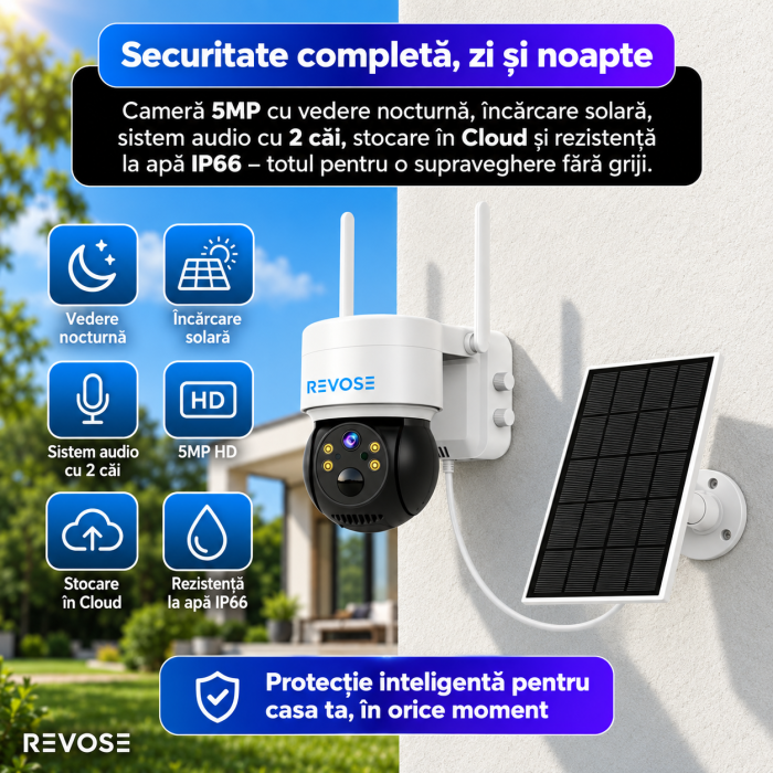 Camera Solara de Supraveghere Video REVOSE™ 5MP 2560x1920, Aplicatie Dedicata, Intelligent Tracking, PTZ, WIFI, Lan, AP hotspot, Micro SD, Rotire, Alarma miscare, Interior si Exterior, Incarcare Solar [12]