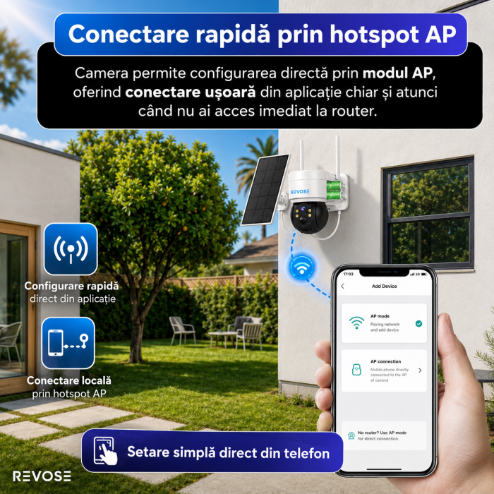 Camera Solara de Supraveghere Video REVOSE™ 5MP 2560x1920, Aplicatie Dedicata, Intelligent Tracking, PTZ, WIFI, Lan, AP hotspot, Micro SD, Rotire, Alarma miscare, Interior si Exterior, Incarcare Solar [7]
