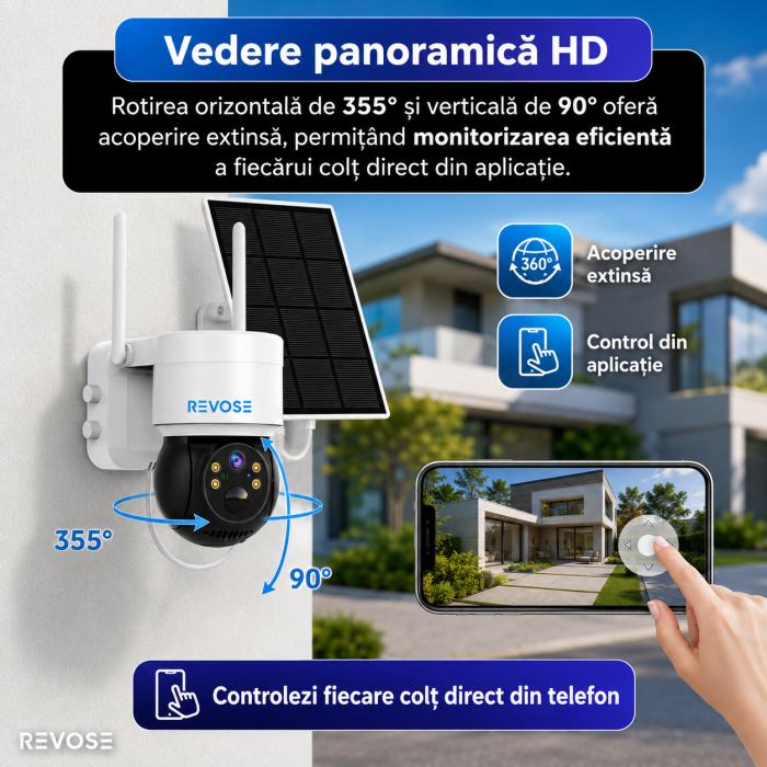 Camera Solara de Supraveghere Video REVOSE™ 5MP 2560x1920, Aplicatie Dedicata, Intelligent Tracking, PTZ, WIFI, Lan, AP hotspot, Micro SD, Rotire, Alarma miscare, Interior si Exterior, Incarcare Solar [11]