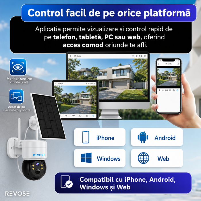 Camera Solara de Supraveghere Video REVOSE™ 5MP 2560x1920, Aplicatie Dedicata, Intelligent Tracking, PTZ, WIFI, Lan, AP hotspot, Micro SD, Rotire, Alarma miscare, Interior si Exterior, Incarcare Solar [13]