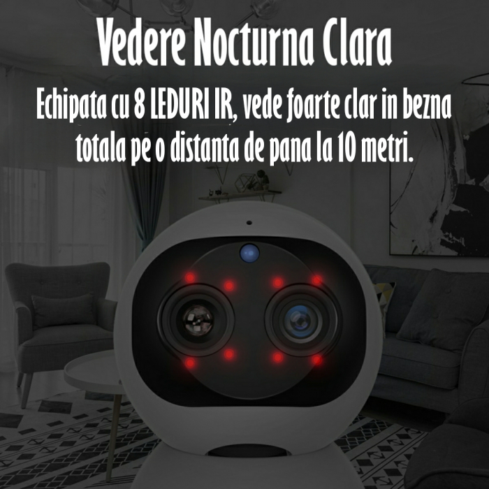 Camera Spion Wireless, Baby Monitor, FullHD 2MP, Monitorizare Bebelusi, Auto Tracking, Vedere Nocturna, Audio-Video, Sunet bidirectional, Rotire automata, Rezolutie 1920x1080, Senzor Miscare, Alb [10]
