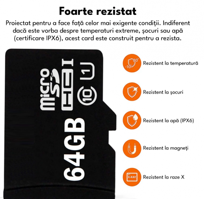 Card de memorie MicroSD, 64 GB, Clasa 10, pentru telefon, camera video de supraveghere, aparat foto, rezistent la apa IPX6 [5]