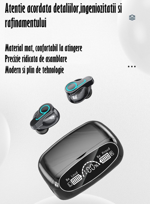 Casti Audio Wireless fara fir, Bluetooth 5.1, tip Earbuds cu Control Touch, Microfon, Noise Cancelling, True Wireless Stereo, tip Earpods Telefon, Universale, Carcasa magnetica, Negru [7]