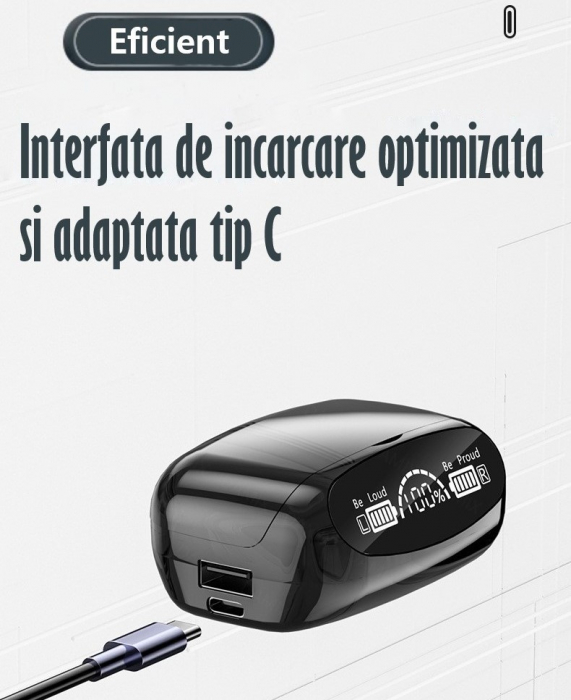 Casti Audio Wireless fara fir, Bluetooth 5.1, tip Earbuds cu Control Touch, Microfon, Noise Cancelling, True Wireless Stereo, tip Earpods Telefon, Universale, Carcasa magnetica, Negru [11]