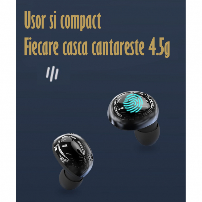 Casti Audio Wireless fara fir, Bluetooth 5.1, tip Earbuds cu Control Touch, Microfon, Noise Cancelling, True Wireless Stereo, tip Earpods Telefon, Universale, Carcasa magnetica, Black [5]
