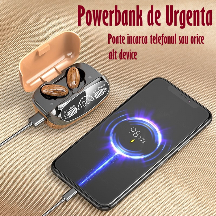 Casti Audio Wireless fara fir, Bluetooth 5.1, tip Earbuds cu Control Touch, Microfon, Noise Cancelling, True Wireless Stereo, tip Earpods Telefon, Universale, Carcasa magnetica, Lemn [9]