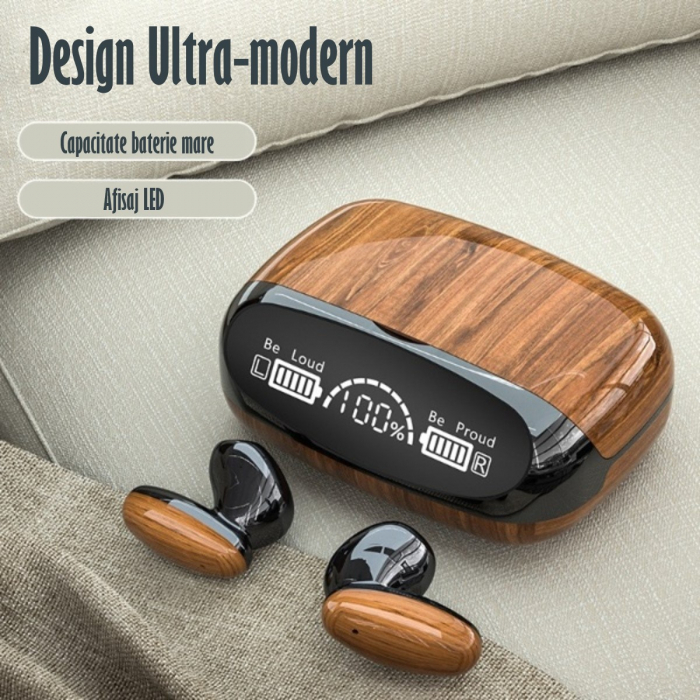 Casti Audio Wireless fara fir, Bluetooth 5.1, tip Earbuds cu Control Touch, Microfon, Noise Cancelling, True Wireless Stereo, tip Earpods Telefon, Universale, Carcasa magnetica, Lemn [8]