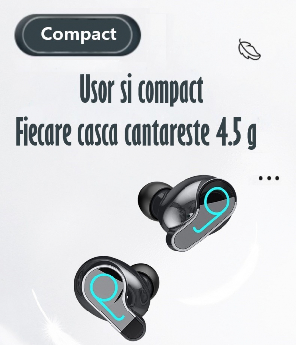 Casti Audio Wireless fara fir, Bluetooth 5.1, tip Earbuds cu Control Touch, Microfon, Noise Cancelling, True Wireless Stereo, tip Earpods Telefon, Universale, Carcasa magnetica, Negru [2]