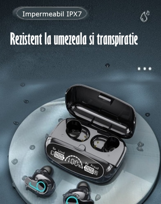 Casti Audio Wireless fara fir, Bluetooth 5.1, tip Earbuds cu Control Touch, Microfon, Noise Cancelling, True Wireless Stereo, tip Earpods Telefon, Universale, Carcasa magnetica, Negru [16]