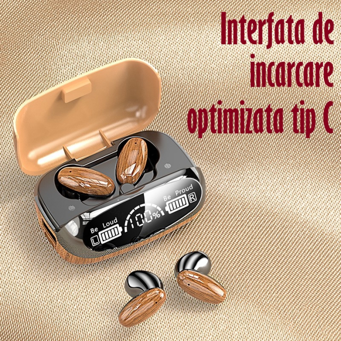 Casti Audio Wireless fara fir, Bluetooth 5.1, tip Earbuds cu Control Touch, Microfon, Noise Cancelling, True Wireless Stereo, tip Earpods Telefon, Universale, Carcasa magnetica, Lemn [10]