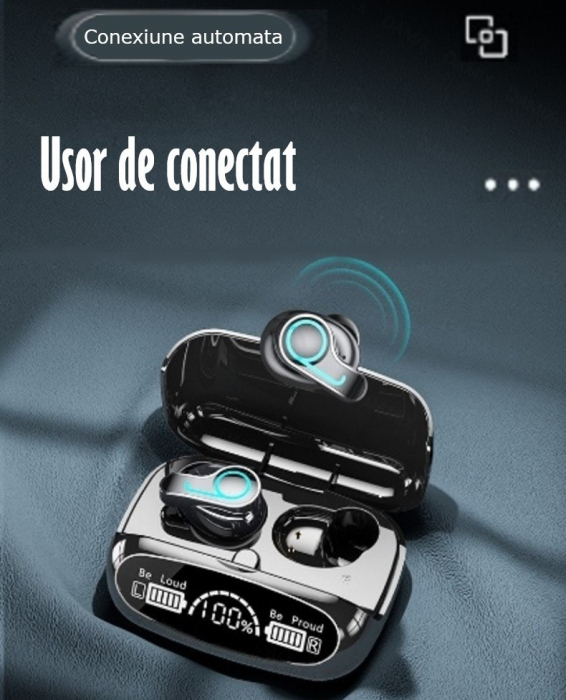 Casti Audio Wireless fara fir, Bluetooth 5.1, tip Earbuds cu Control Touch, Microfon, Noise Cancelling, True Wireless Stereo, tip Earpods Telefon, Universale, Carcasa magnetica, Negru [4]