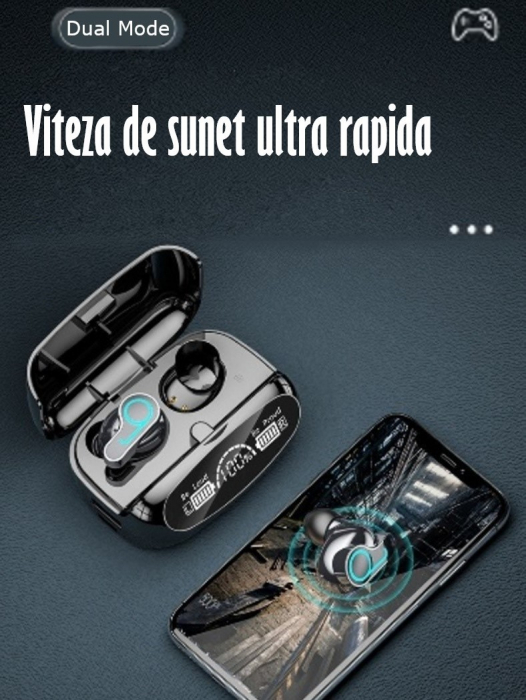 Casti Audio Wireless fara fir, Bluetooth 5.1, tip Earbuds cu Control Touch, Microfon, Noise Cancelling, True Wireless Stereo, tip Earpods Telefon, Universale, Carcasa magnetica, Negru [15]