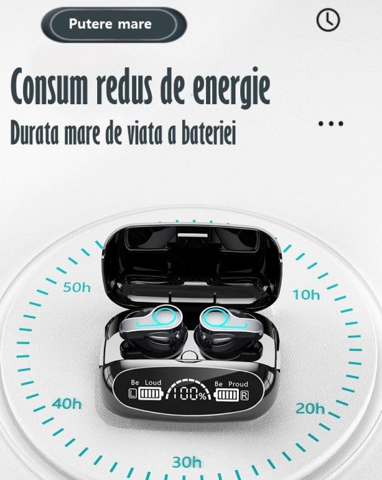 Casti Audio Wireless fara fir, Bluetooth 5.1, tip Earbuds cu Control Touch, Microfon, Noise Cancelling, True Wireless Stereo, tip Earpods Telefon, Universale, Carcasa magnetica, Negru [12]