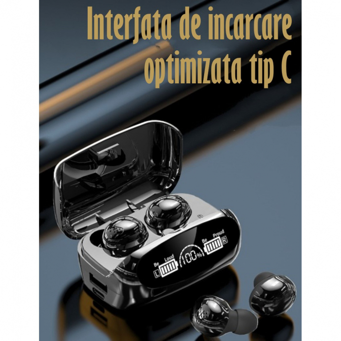 Casti Audio Wireless fara fir, Bluetooth 5.1, tip Earbuds cu Control Touch, Microfon, Noise Cancelling, True Wireless Stereo, tip Earpods Telefon, Universale, Carcasa magnetica, Black [2]