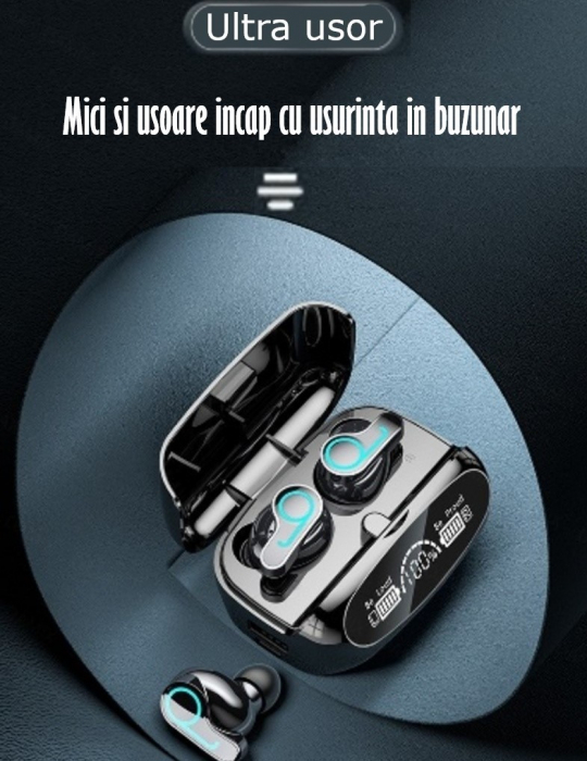 Casti Audio Wireless fara fir, Bluetooth 5.1, tip Earbuds cu Control Touch, Microfon, Noise Cancelling, True Wireless Stereo, tip Earpods Telefon, Universale, Carcasa magnetica, Negru [5]