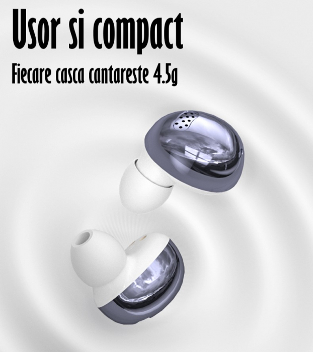 Casti Audio Wirelesss fara fir, Bluetooth 5.1, tip Earbuds cu Control Touch, Microfon, Noise Cancelling, True Wireless Stereo, tip Earpods Telefon, Universale, Carcasa magnetica, Mov [5]