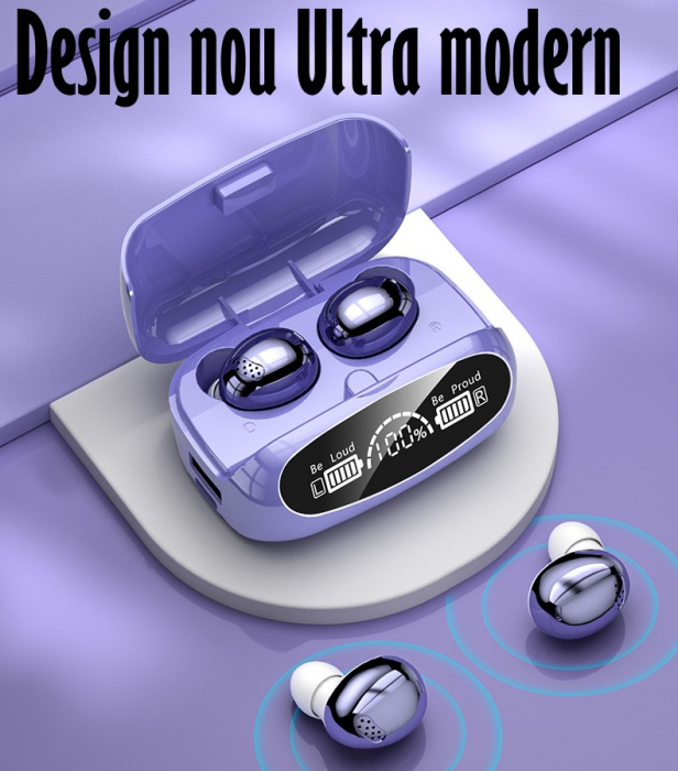 Casti Audio Wirelesss fara fir, Bluetooth 5.1, tip Earbuds cu Control Touch, Microfon, Noise Cancelling, True Wireless Stereo, tip Earpods Telefon, Universale, Carcasa magnetica, Mov [8]