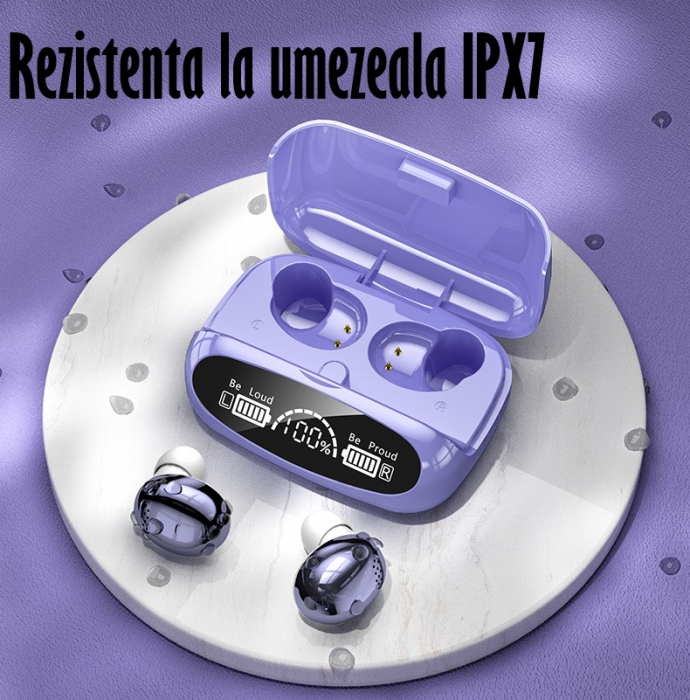 Casti Audio Wirelesss fara fir, Bluetooth 5.1, tip Earbuds cu Control Touch, Microfon, Noise Cancelling, True Wireless Stereo, tip Earpods Telefon, Universale, Carcasa magnetica, Mov [3]