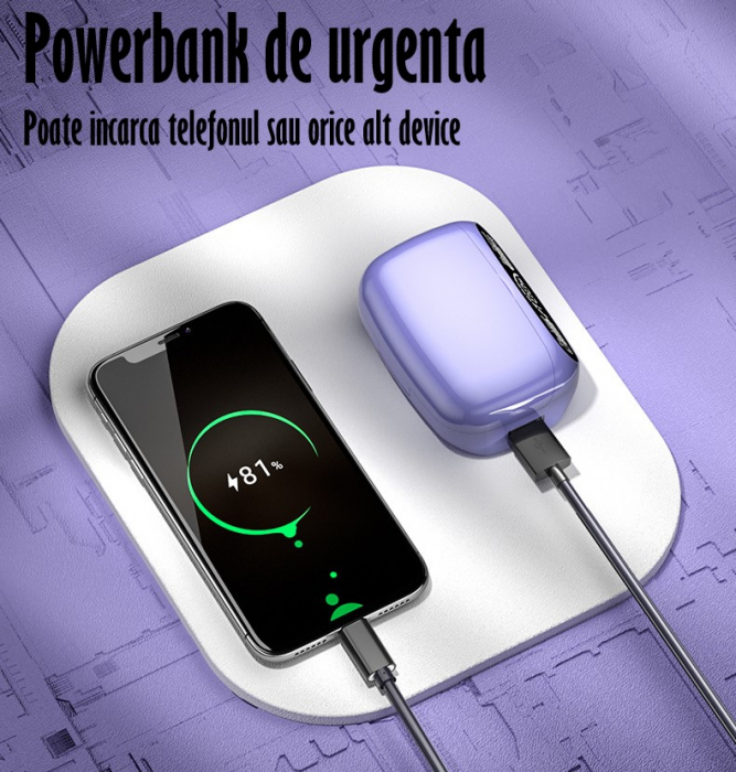 Casti Audio Wirelesss fara fir, Bluetooth 5.1, tip Earbuds cu Control Touch, Microfon, Noise Cancelling, True Wireless Stereo, tip Earpods Telefon, Universale, Carcasa magnetica, Mov [10]