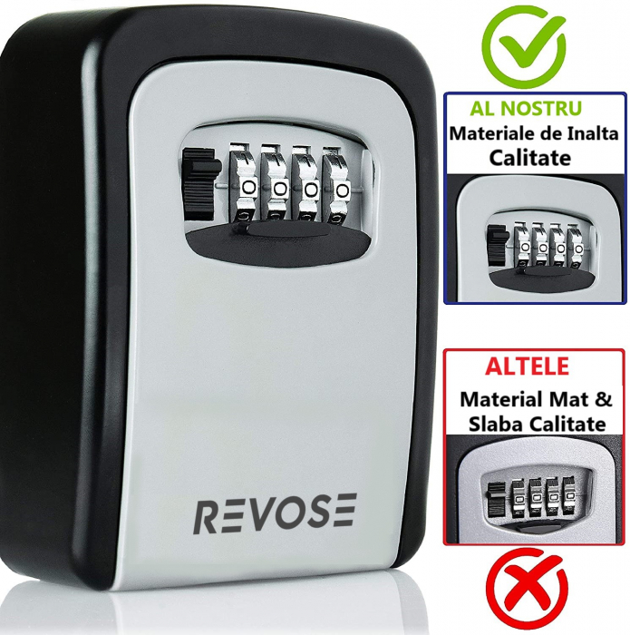 Cutie Metalica REVOSE™ Interior-Exterior Pentru Chei cu Cifru Mecanic, 130x100x50 mm, Regim Hotelier, Air-Bnb, Waterproof, Montare Perete [10]