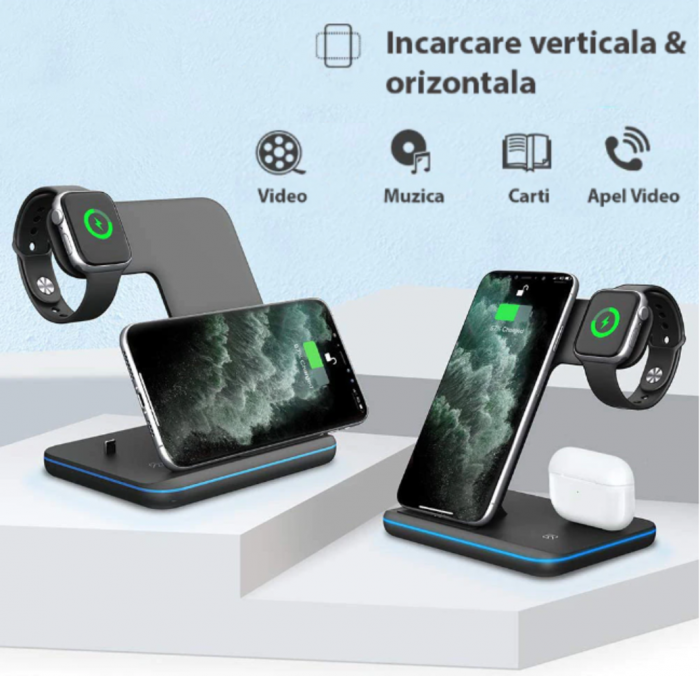 Incarcator Wireless REVOSE™, Statie Incarcare 3 In 1 Qi Fast Charger 15W Incarcare Rapida Compatibil Cu Apple Watch, Airpods, Iphone Android Samsung Huawei Xiaomi, Cablu inclus, Negru [2]
