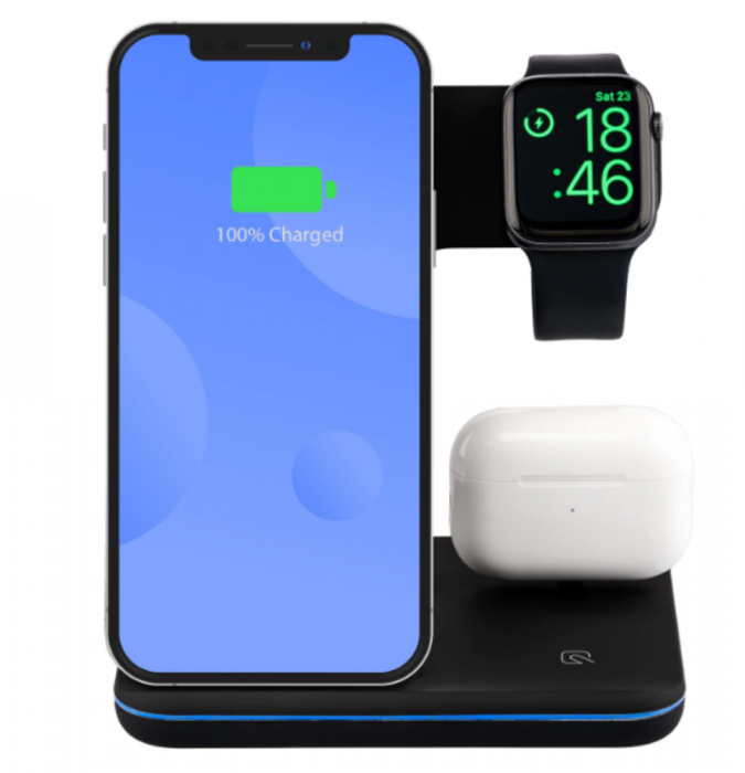 Incarcator Wireless REVOSE™, Statie Incarcare 3 In 1 Qi Fast Charger 15W Incarcare Rapida Compatibil Cu Apple Watch, Airpods, Iphone Android Samsung Huawei Xiaomi, Cablu inclus, Negru [8]