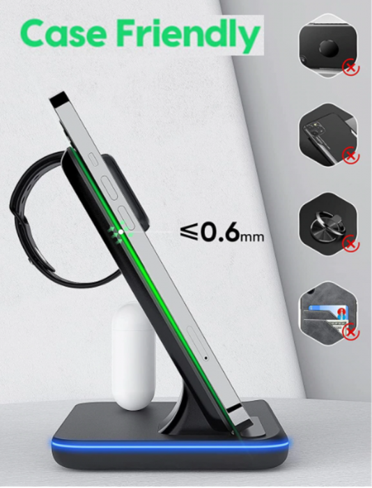 Incarcator Wireless REVOSE™, Statie Incarcare 3 In 1 Qi Fast Charger 15W Incarcare Rapida Compatibil Cu Apple Watch, Airpods, Iphone Android Samsung Huawei Xiaomi, Cablu inclus, Negru [10]