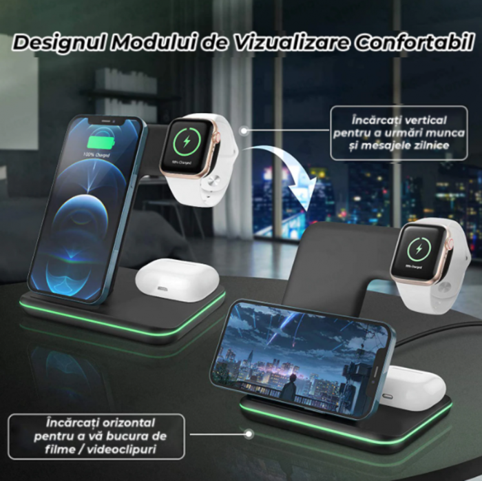 Incarcator Wireless REVOSE™, Statie Incarcare 3 In 1 Qi Fast Charger 15W Incarcare Rapida Compatibil Cu Apple Watch, Airpods, Iphone Android Samsung Huawei Xiaomi, Cablu inclus, Negru [6]