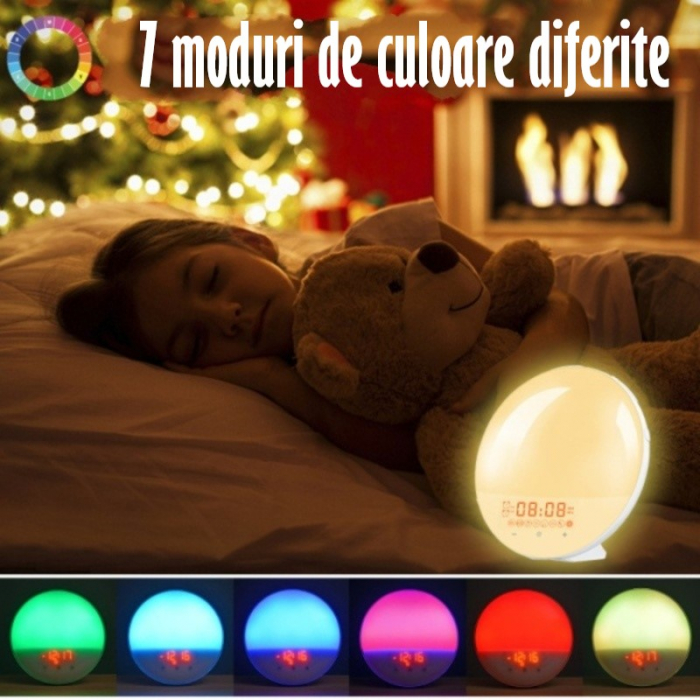 Lampa LED Inteligenta, Radio FM cu Ceas si Alarma, Simulare Rasarit & Apus de Soare, Sunete albe, 7 culori LED, Smart Wake-up light, Port USB [14]