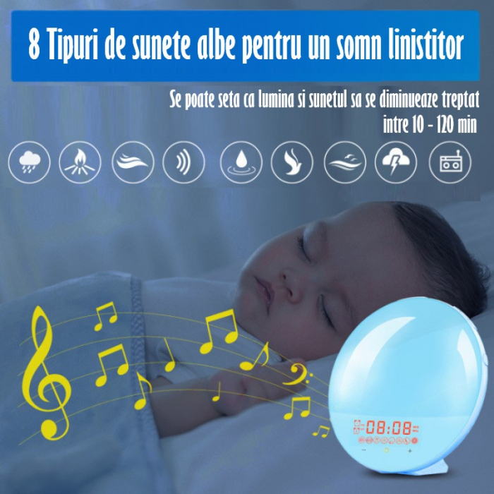 Lampa LED Inteligenta, Radio FM cu Ceas si Alarma, Simulare Rasarit & Apus de Soare, Sunete albe, 7 culori LED, Smart Wake-up light, Port USB [13]