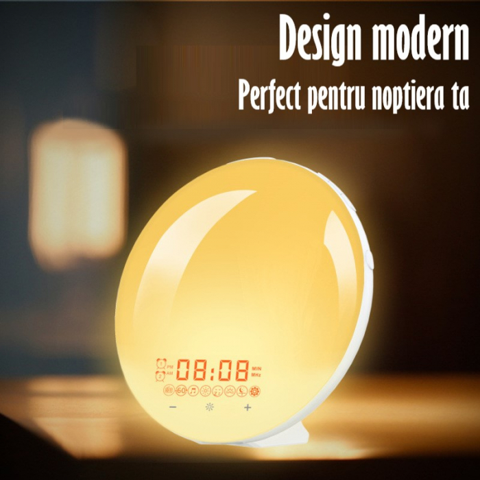 Lampa LED Inteligenta, Radio FM cu Ceas si Alarma, Simulare Rasarit & Apus de Soare, Sunete albe, 7 culori LED, Smart Wake-up light, Port USB [9]