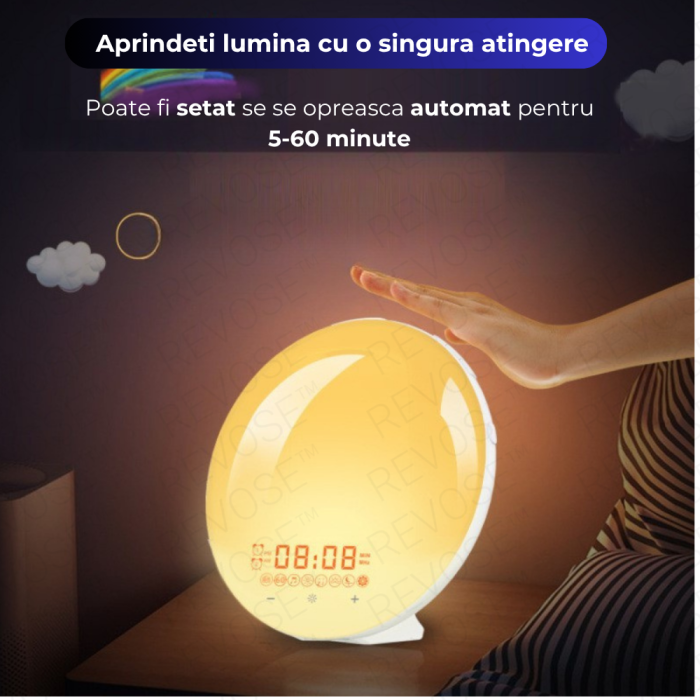 Lampa LED Inteligenta, Radio FM cu Ceas si Alarma, Simulare Rasarit si Apus de Soare, Sunete albe, 7 culori LED, Smart Wake-up light, Port USB [6]