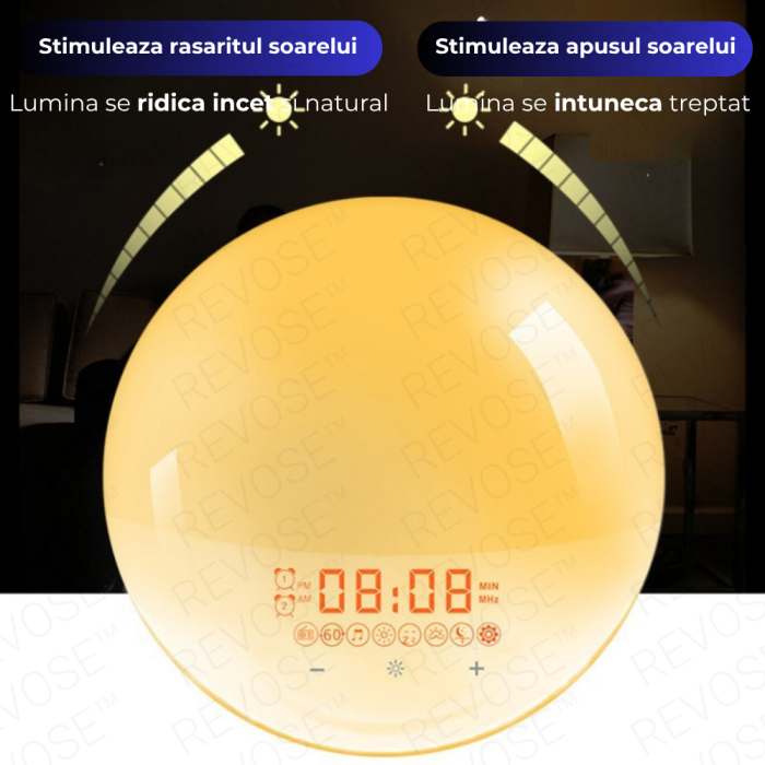 Lampa LED Inteligenta, Radio FM cu Ceas si Alarma, Simulare Rasarit si Apus de Soare, Sunete albe, 7 culori LED, Smart Wake-up light, Port USB [9]